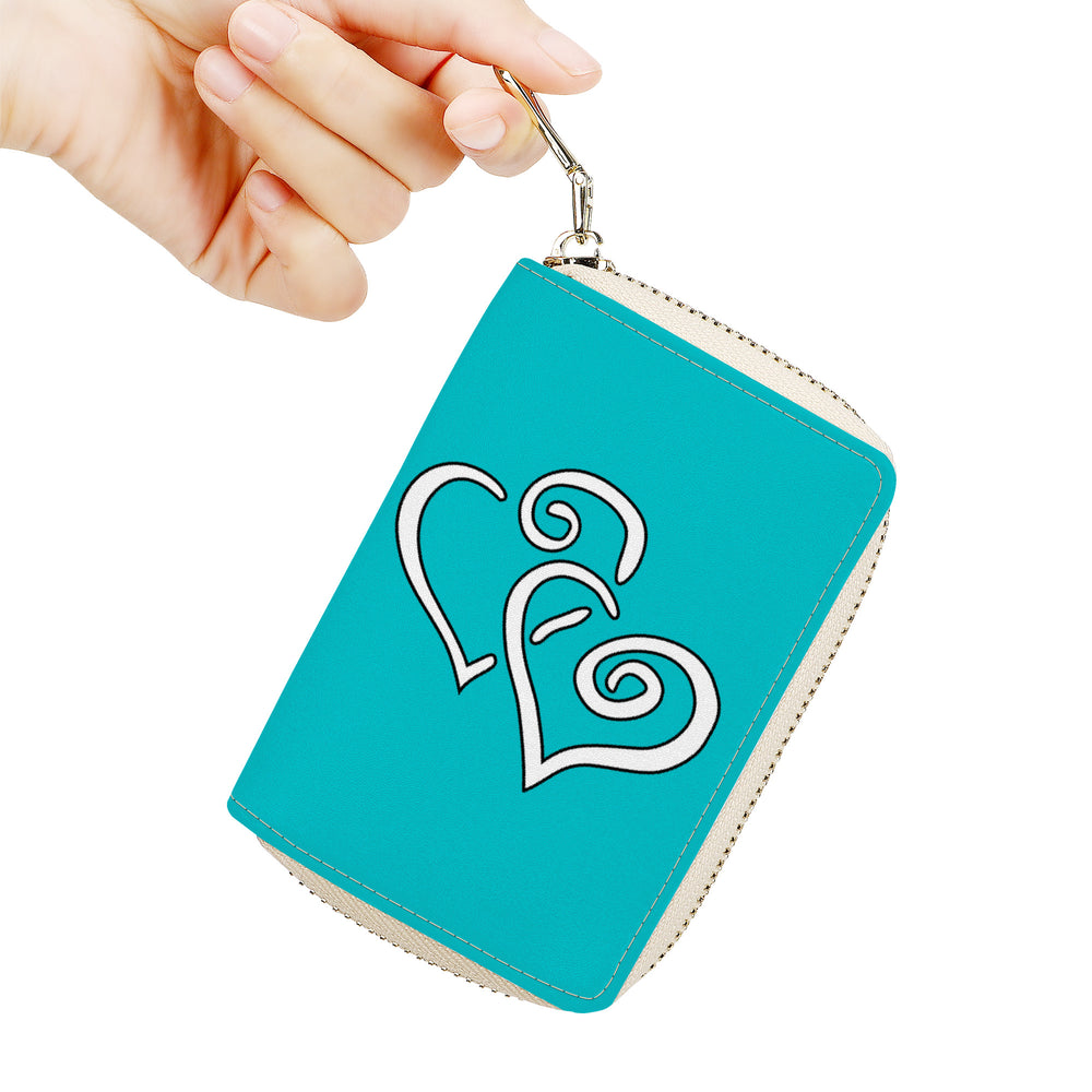 Ti Amo I love you - Exclusive Brand - Vivid Cyan (Robin's Egg Blue) -  Double White Heart - PU Leather -  Zipper Card Holder