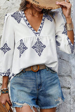 Load image into Gallery viewer, White Boho Geometric Print Bracelet Sleeve V Neck Blouse
