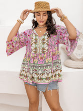 Load image into Gallery viewer, Plus Size Ruched Printed Tie Neck Three-Quarter Sleeve Blouse
