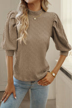 Load image into Gallery viewer, Apricot Vintage Textured Puff Sleeve Mock Neck Top
