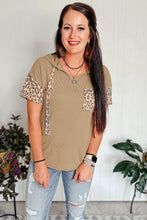 Load image into Gallery viewer, Khaki Leopard Patchwork Drawstring Hooded T Shirt
