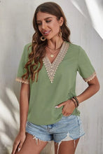 Load image into Gallery viewer, Full Size Lace Detail V-Neck Short Sleeve Blouse
