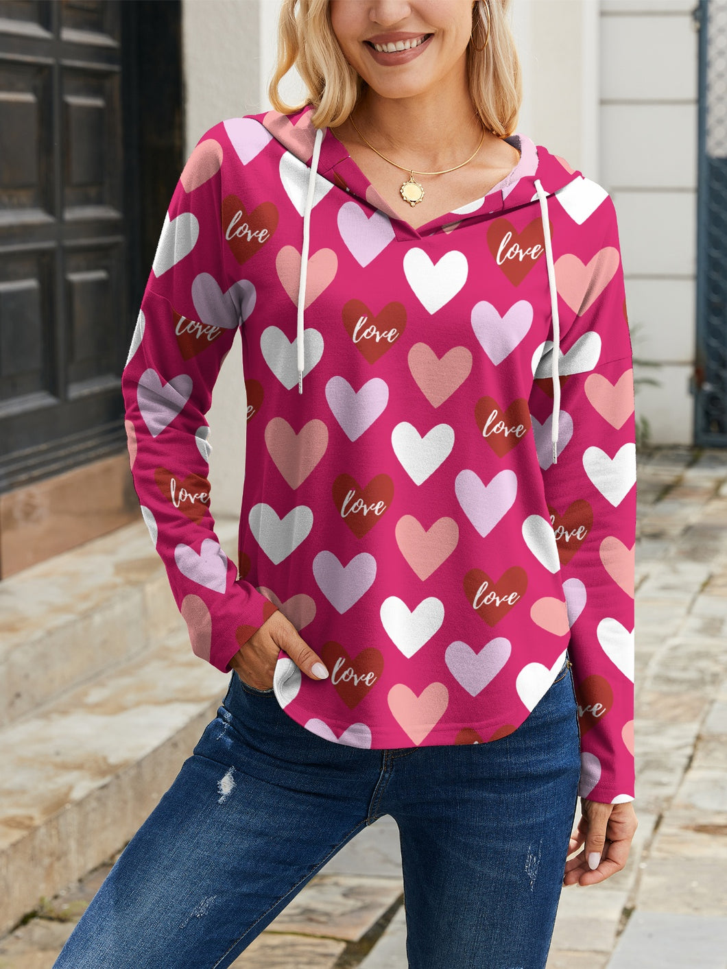 Heart Drawstring Dropped Shoulder Hoodie