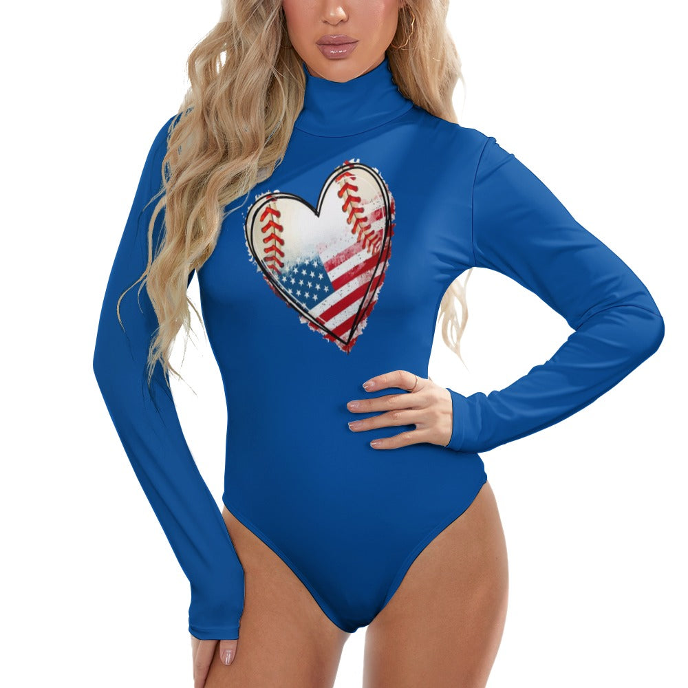 Ti Amo I love you - Exclusive Brand  - Baseball Heart - Women's Turtleneck Long Sleeve Bodysuit - Sizes S-2XL - Ti Amo I love you