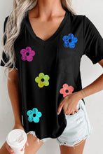 Load image into Gallery viewer, Sequin Flower V-Neck Short Sleeve T-Shirt
