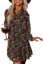 Load image into Gallery viewer, Black Retro Floral Tie Waist Short Ruffle Shirt Dress
