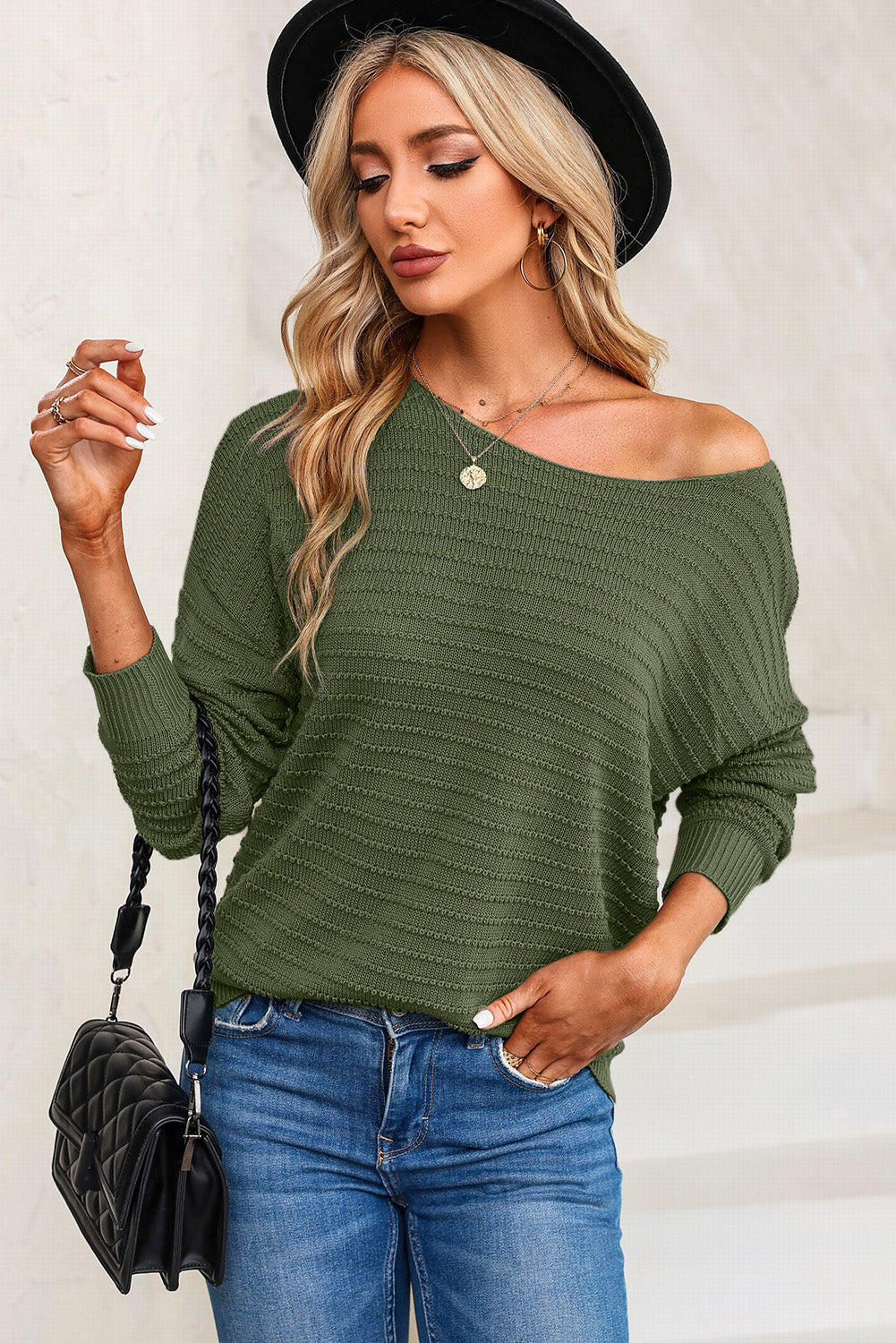 Womems - Green - Textured Knit Round Neck Dolman Sleeve Sweater