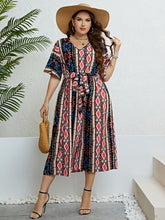 Load image into Gallery viewer, Plus Size Bohemian V-Neck Tie Belt Midi Dress
