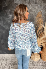 Load image into Gallery viewer, Sky Blue Geometric Print Shirred Puff Sleeve V Neck Blouse
