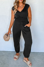 Load image into Gallery viewer, Black Plus Smocked High Waist Sleeveless V Neck Jumpsuit
