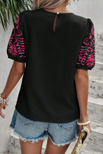 Load image into Gallery viewer, Black Floral Embroidered Textured Puff Sleeve T Shirt
