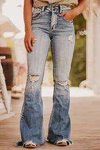 Load image into Gallery viewer, Dusk Blue Vintage Light Wash Ripped Raw Edge Flare Jeans
