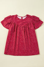 Load image into Gallery viewer, Fiery Red Dotted Ruffle Sleeve Crew Neck Ruched Blouse
