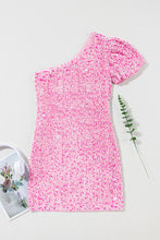 Load image into Gallery viewer, Pink Sequin One Shoulder Puff Sleeve Bodycon Mini Dress
