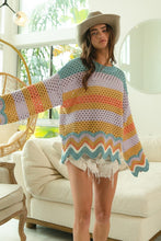 Load image into Gallery viewer, BiBi Wavy Hem Openwork Contrast Round Neck Sweater
