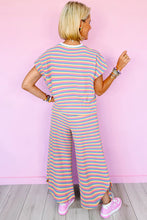 Load image into Gallery viewer, Pink Stripe Rainbow Tee Tasseled String Wide Leg Pants Set
