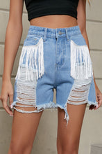 Load image into Gallery viewer, Fringe Trim Distressed Denim Shorts with Pockets
