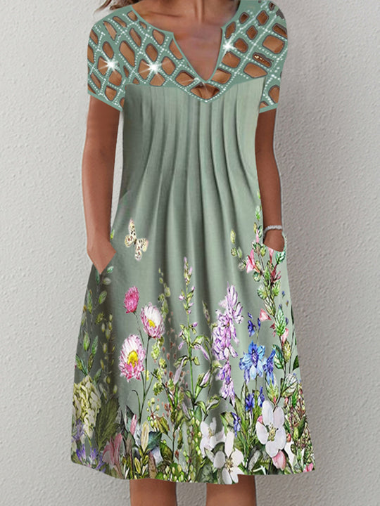 Women's Casual Floral Cutout V-Neck Midi Dress - Sizes S- 2XL