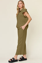 Load image into Gallery viewer, Double Take Texture Ruffle Short Sleeve Top and Drawstring Wide Leg Pants Set
