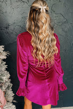 Load image into Gallery viewer, Rose Red Smocked Mock Neck Ruffled Puff Sleeve Velvet Mini Dress
