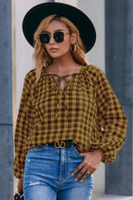 Load image into Gallery viewer, Plaid Tie Neck Balloon Sleeve Blouse
