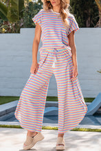 Load image into Gallery viewer, Pink Stripe Rainbow Tee Tasseled String Wide Leg Pants Set
