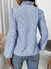 Load image into Gallery viewer, Frill Striped V-Neck Long Sleeve Blouse
