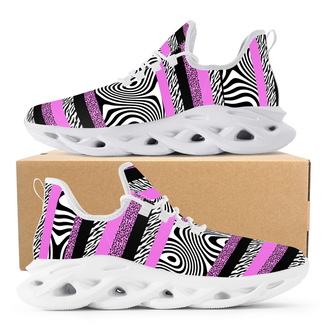 Ti Amo I love you - Exclusive Brand - Deep Lavender Magenta & Zebra Stripes & Black & White Wavy Stripes Mashup - Mens / Womens - Flex Control Sneakers- White Soles