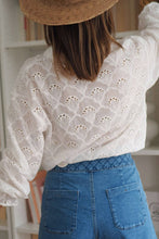 Load image into Gallery viewer, White Fanshaped Lace Hollow out Split Neck Puff Sleeve Blouse
