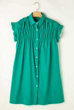 Load image into Gallery viewer, Bright Green Shirred Ruffle Sleeve Button Up Short Dress
