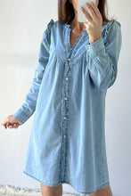 Load image into Gallery viewer, Myosotis Ruffled V Neck Buttoned Shift Denim Dress
