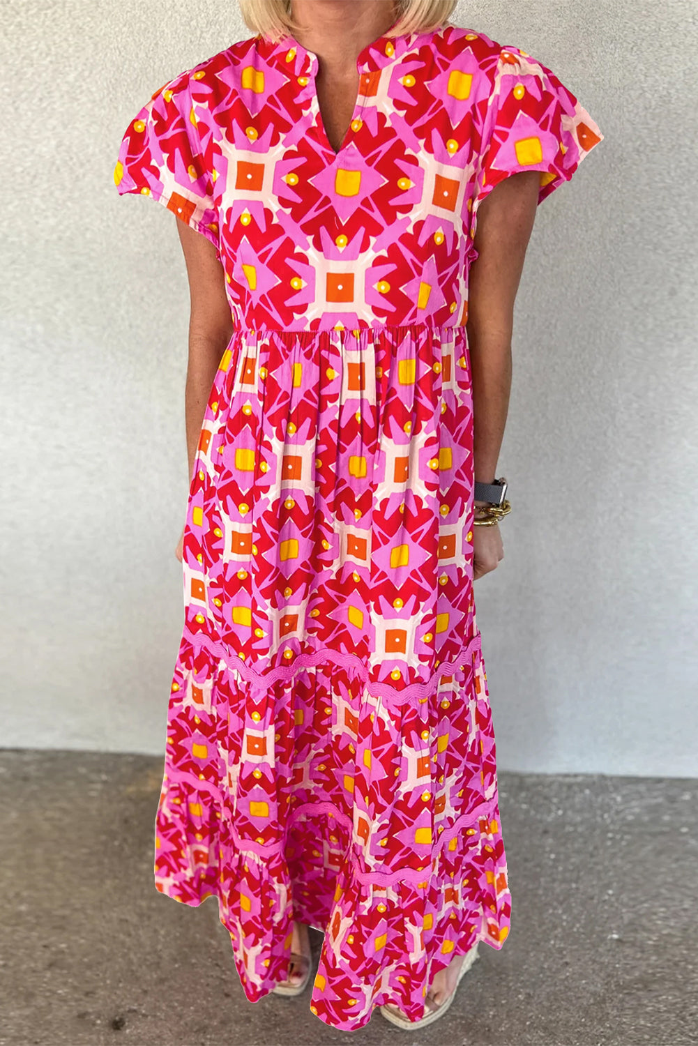 Strawbeery Pink Geo Print V-neck Maxi Dress