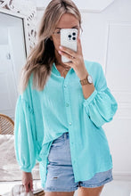 Load image into Gallery viewer, Iceland Blue Solid Puff Sleeve Loose Fit Buttoned Shirt
