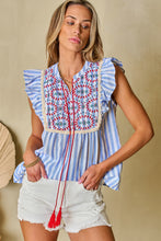 Load image into Gallery viewer, Sky Blue Stripe Geo Pattern Embroidered Tassel Flutter Blouse
