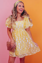 Load image into Gallery viewer, Yellow Boho Flower Jacquard Puff Sleeve Square Neck Mini Dress
