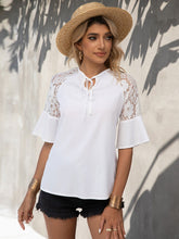 Load image into Gallery viewer, Shiny Lace Detail Tie Neck Half Sleeve Blouse
