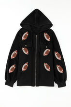 Load image into Gallery viewer, Black Sequined Football Pattern Pocketed Zipper Hooded Jacket
