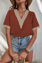 Load image into Gallery viewer, Full Size Lace Detail V-Neck Short Sleeve Blouse
