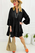 Load image into Gallery viewer, Black Chambray Ruffled 3/4 Sleeve Tiered Split V Neck Mini Dress
