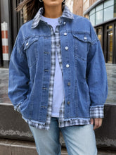 Load image into Gallery viewer, Plus Size Plaid Collared Neck Raw Hem Denim Jacket
