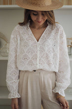 Load image into Gallery viewer, White Fanshaped Lace Hollow out Split Neck Puff Sleeve Blouse
