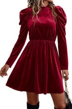 Load image into Gallery viewer, Red Dahlia Velvet Frilled Neck Gigot Sleeve Swing Dress
