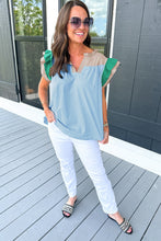 Load image into Gallery viewer, Mist Blue Colorblock Ruffled Sleeve Frill V Neck Blouse
