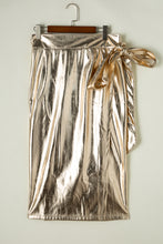 Load image into Gallery viewer, Gold Metallic Leather Knotted Wrap Midi Skirt
