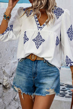 Load image into Gallery viewer, White Boho Geometric Print Bracelet Sleeve V Neck Blouse
