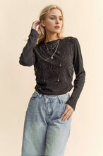 Load image into Gallery viewer, Davi &amp; Dani Side Ruched Rhinestone and Star Detail Round Neck Top
