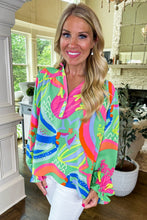 Load image into Gallery viewer, Green Abstract Print Ruffled Sleeve Buttoned V Neck Blouse
