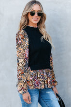 Load image into Gallery viewer, Black Contrast Floral Sleeve Peplum Sweater
