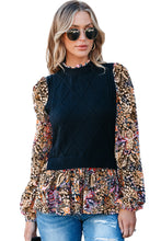 Load image into Gallery viewer, Black Contrast Floral Sleeve Peplum Sweater
