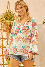 Load image into Gallery viewer, White Notch V Neck Floral Pleated Puff Sleeve Blouse
